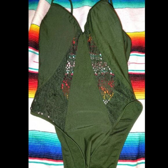 Mossimo Size Small One Piece Swim Suit Knit Sexy Dark Green Nylon Spandex Blend. - Picture 1 of 6
